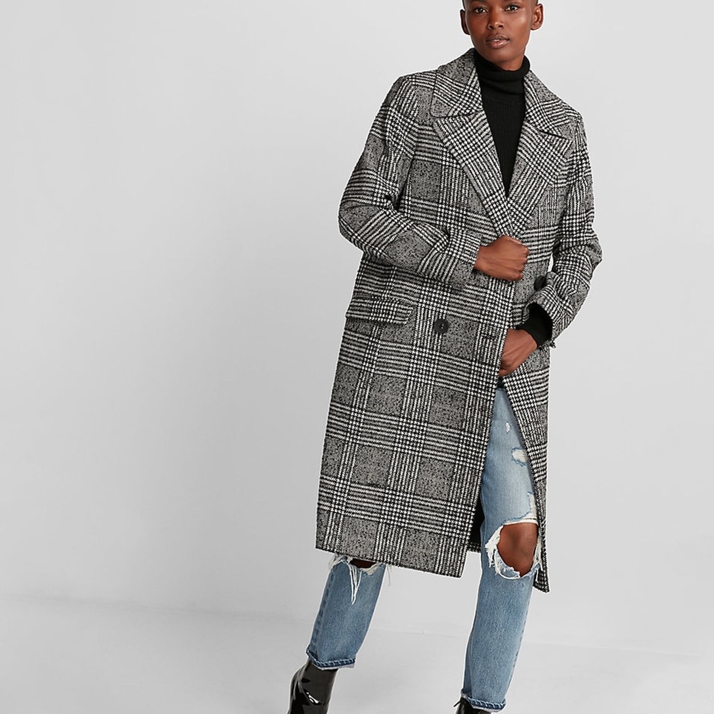 Express Plaid Wool Blend Double Breasted Boxy Coat